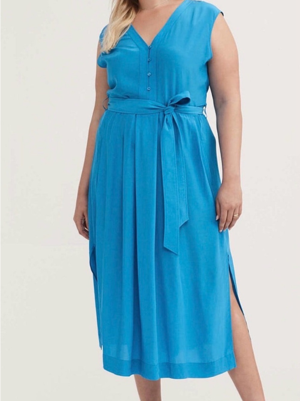 Witchery Sleeveless V-Neck Midi Dress in Turquoise Blue with Self-Tie Belt